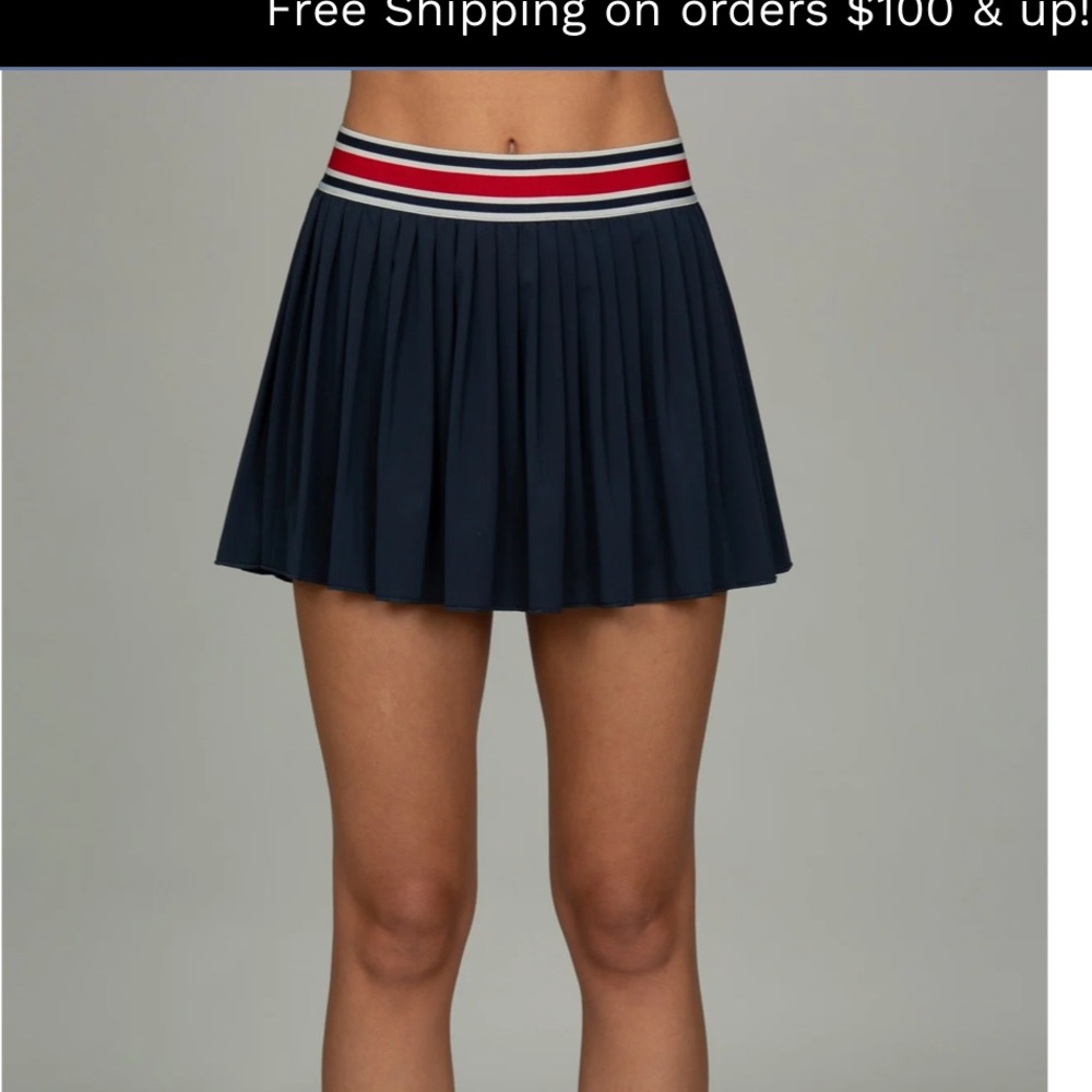 Navy Pleated Mini Skirt with Red & White Striped Waistband